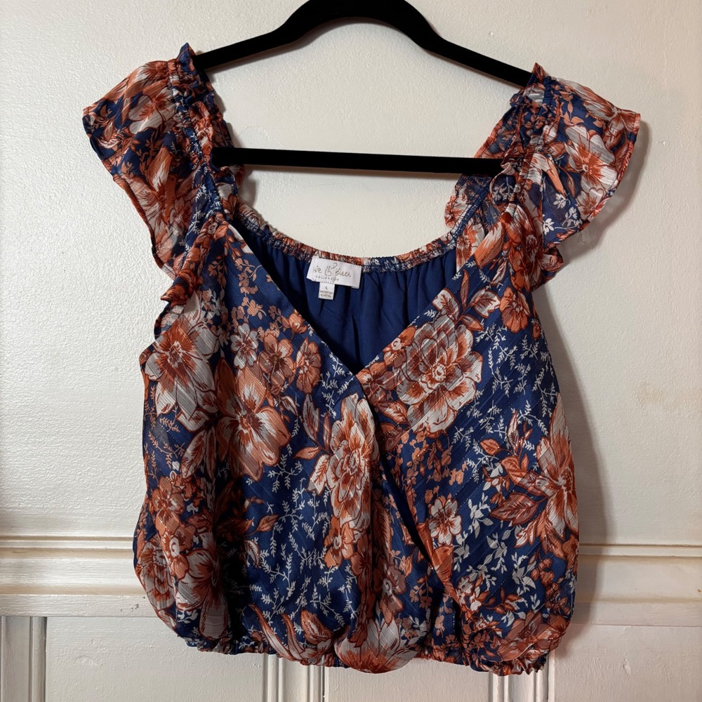 Love & Piece Collective Women's Large Floral Cropped Blouse Ruffle Sleeve